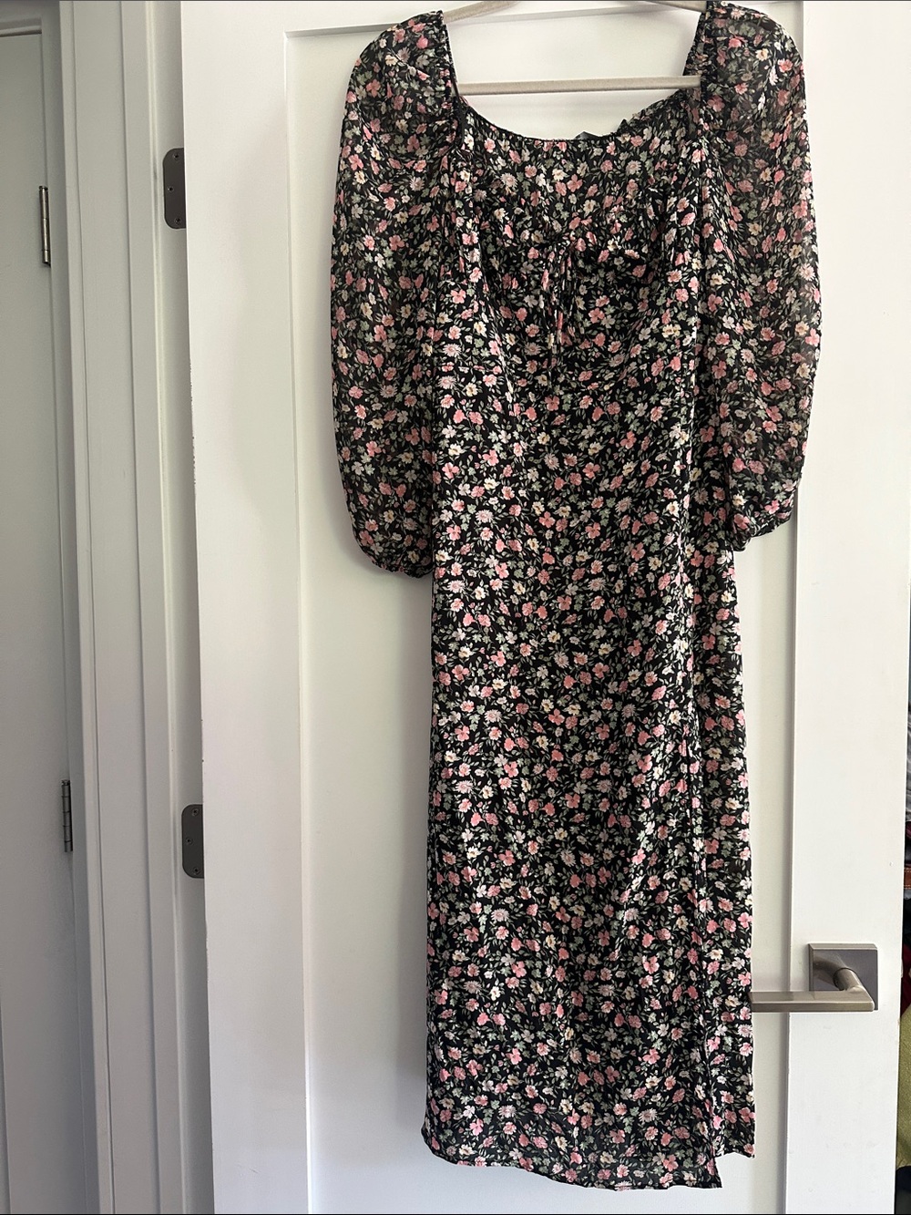 ZARA Floral Square-Neck Midi Dress - Black with Pink Flowers